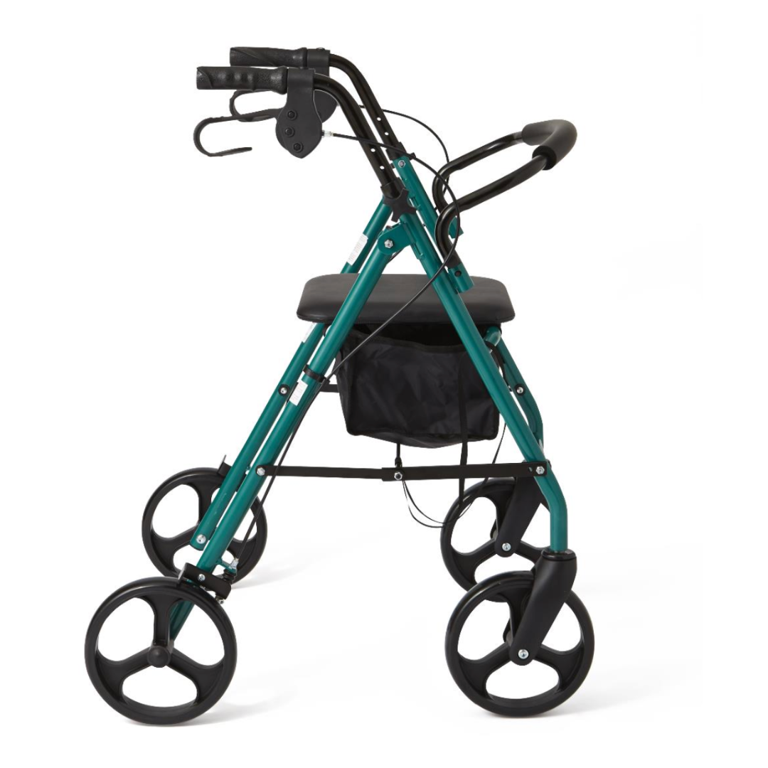 The Medline Basic Lightweight Steel Folding Rollator, in teal, features four large wheels, black handles with brakes, a built-in seat with storage pouch below, and adjustable height arms and legs. The rollator is displayed on a white background.
